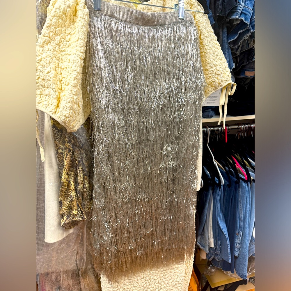 NWT Rachel Zoe silver fringe midi skirt